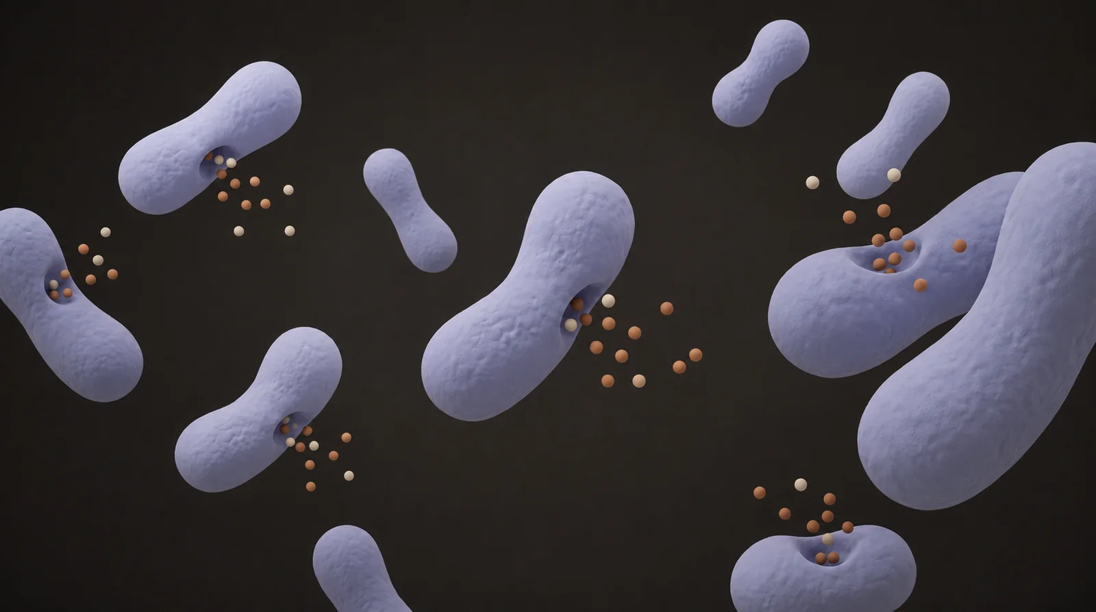 Clay illustration of rod-shaped microbes releasing small molecules