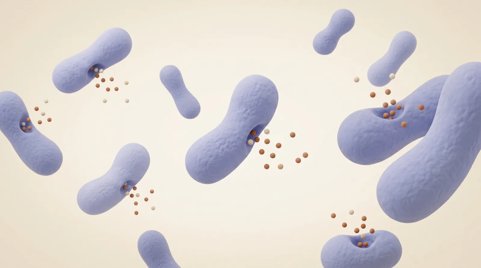 Clay illustration of rod-shaped microbes releasing small molecules