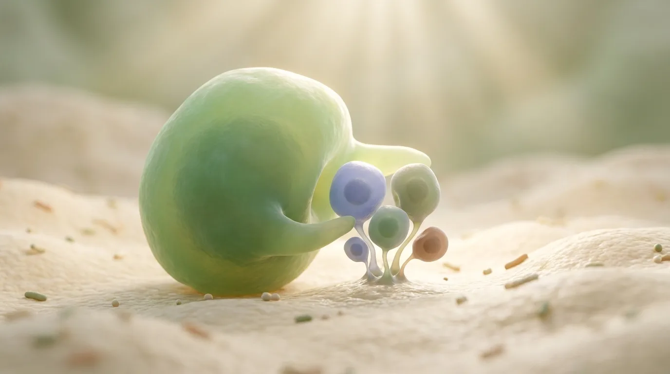 A large microbe leaning over a cluster of small budding microbes