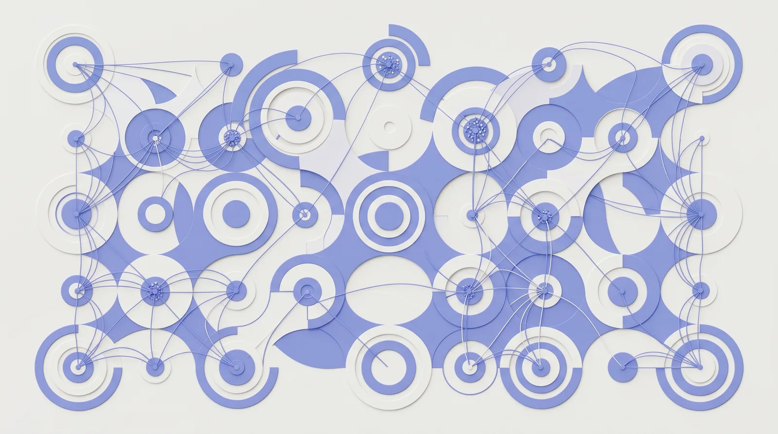 Abstract lavender and ivory network of layered circular nodes and connecting lines