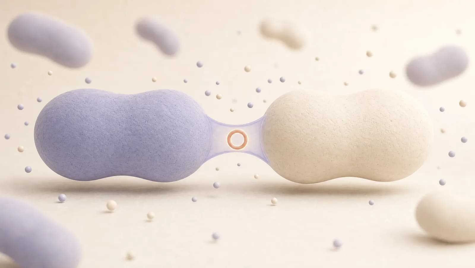 Conceptual clay illustration of lavender and ivory microbes joined by a bridge