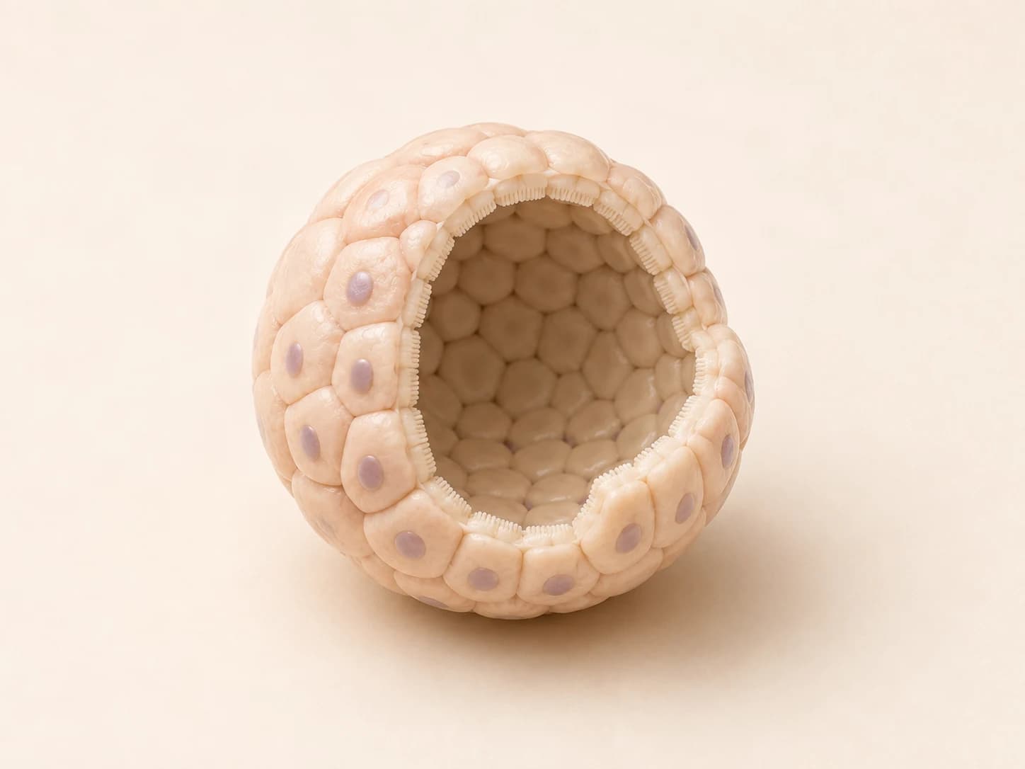 Conceptual cutaway of a hollow intestinal epithelial organoid, with adjoining cells surrounding its lumen