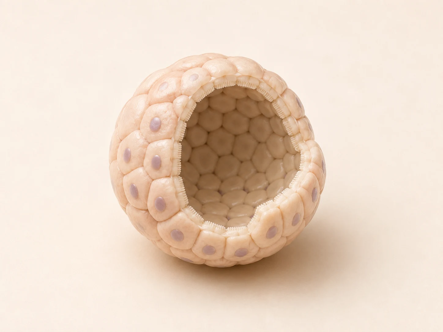 Conceptual cutaway of an intestinal epithelial organoid: adjoining cells surround a hollow lumen, with nuclei visible inside the cells.