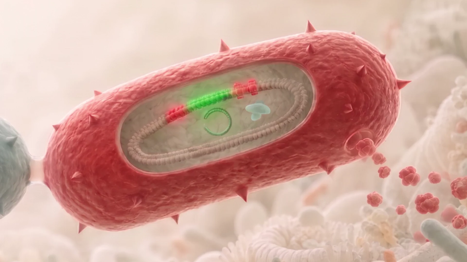Green DNA interrupts the red toxin gene inside the recipient microbe.