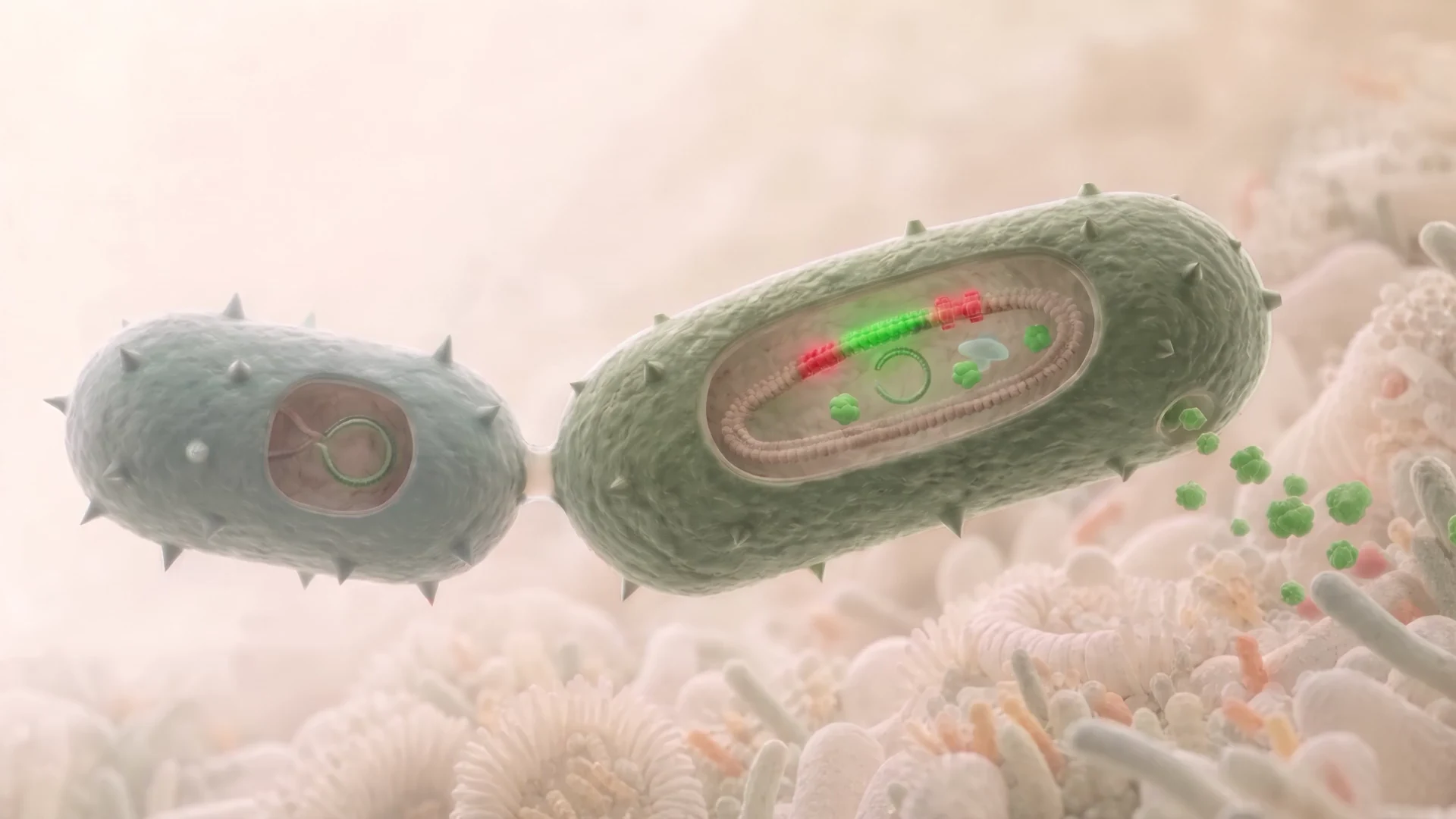 A donor bacterium beside a recipient with a green DNA insertion between retained red parts of a toxin gene. Green protein clusters appear inside and leaving the recipient.
